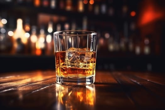 Close up photograph of glass of whiskey.