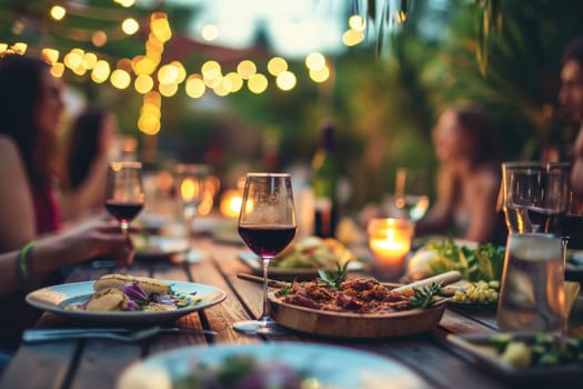 Happy friends having fun outdoor. Group of friends having backyard dinner party.