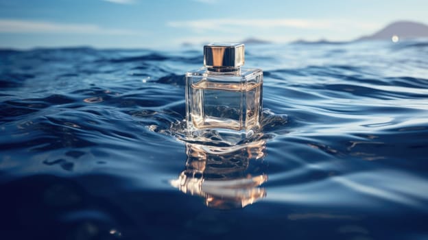 Product photo of a perfume floating on the water surface, AI Generative.