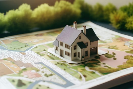 Photo of Small house model on map brochure paper.