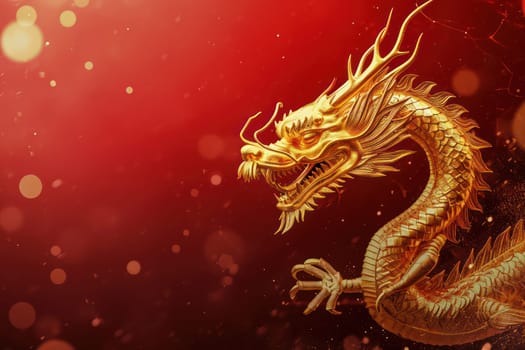 Gold Dragon Diamond Boke on red Background. Generative AI.