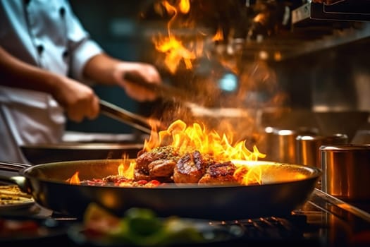 Photo of a professional chef preparing a delicious gourmet dish in a modern kitchen.