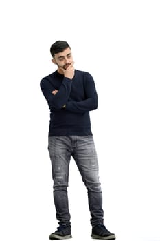 A man, full-length, on a white background, thinks.