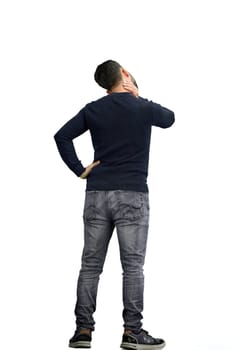 A man, full-length, on a white background, tired.