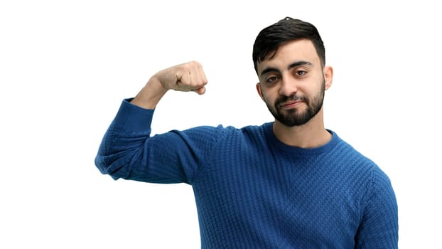 Man, close-up, on a white background, shows strength.