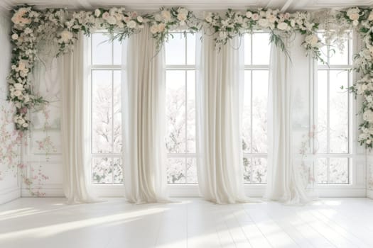 Wedding backdrop aesthetic flower wreath decoration indoor white background. Generative AI.