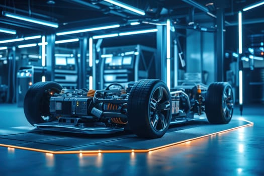 Futuristic electric sport fast car chassis and battery packs with high performance. Generative AI.