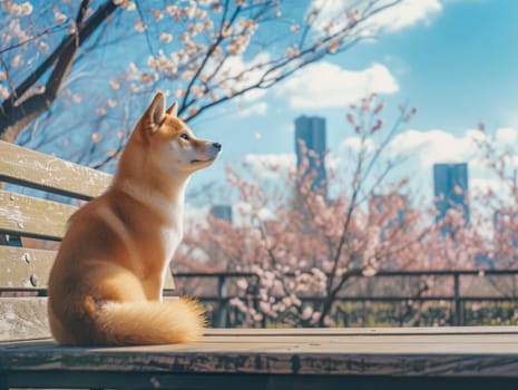 Shiba is sitting on the bench in the park Sakura blossom and blue sky with skyscraper. Generative AI.