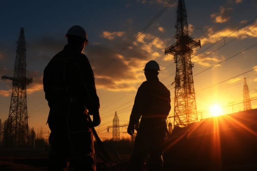 Silhouette of electrical engineer or technician standing and watching at the electric power station.