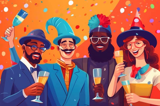 a diverse people wearing colorful party hats Celebrate new year party, illustration.