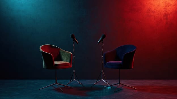 Two chairs and microphones in podcast or interview room. Generative AI.