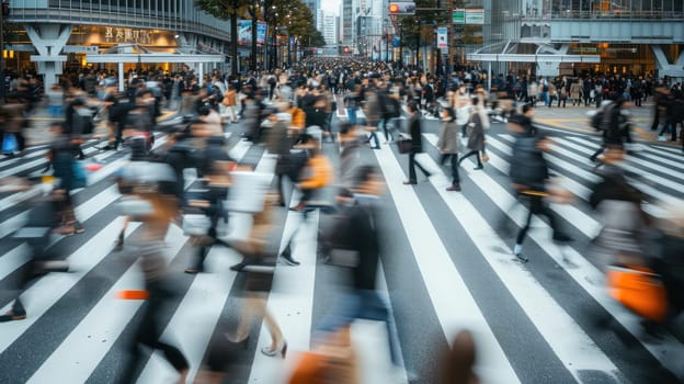 People crossing a street at rush hour. Generative AI.