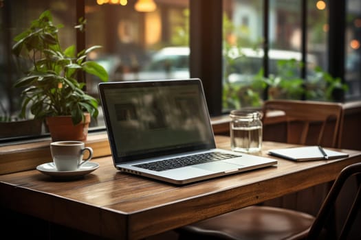 A closed laptop on a wooden desk in modern coffee cafe.