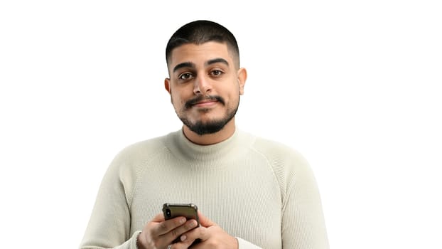Man, close-up, on a white background, using a phone.