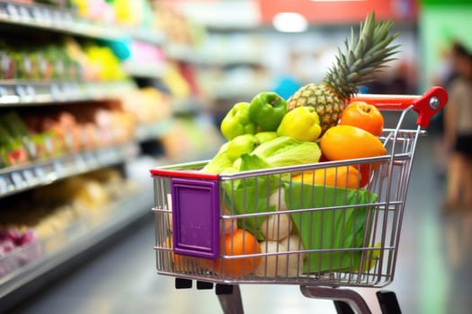 Shopping cart in grocery store full of fruits and vegetables.