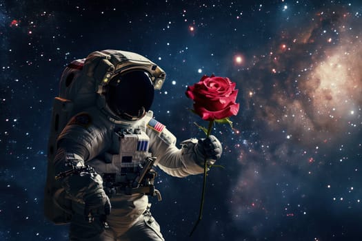 Astronaut a piece of red rose around him in space. Generative AI.