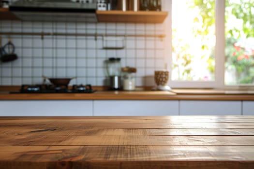 Empty counter table top for product display in modern kitchen interior.