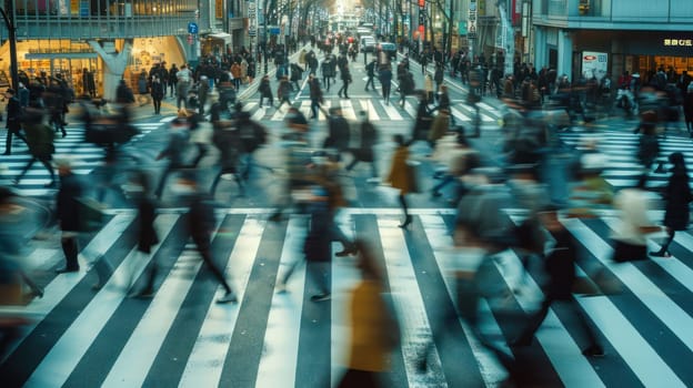 People crossing a street at rush hour. Generative AI.