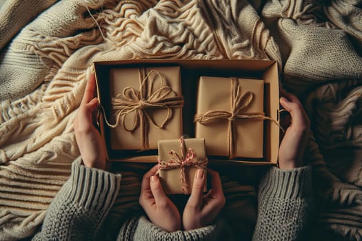 Couple Hands Holding Elegant and Artisanal Valentine Gifts. Generative AI.