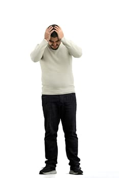 A man, full-length, on a white background, clutched his head.