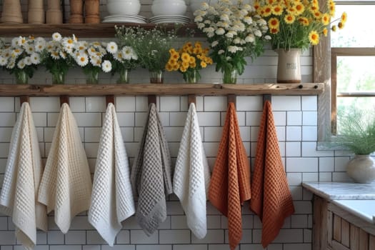 Kitchen towels hang on steel rack. Generative AI.