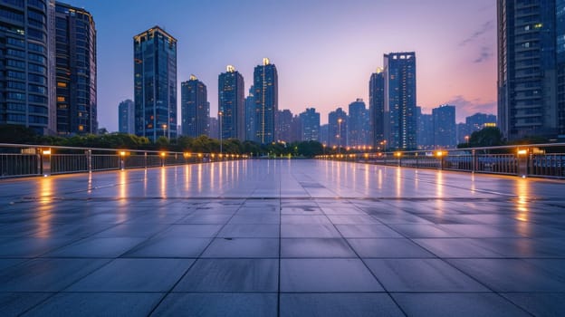 Empty square floor and pedestrian bridge with modern buildings at dusk. Generative AI.