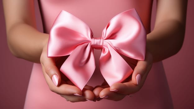 World Cancer Day, breast cancer awareness, Hands catching a pink bow on a pink background, AI Generative.