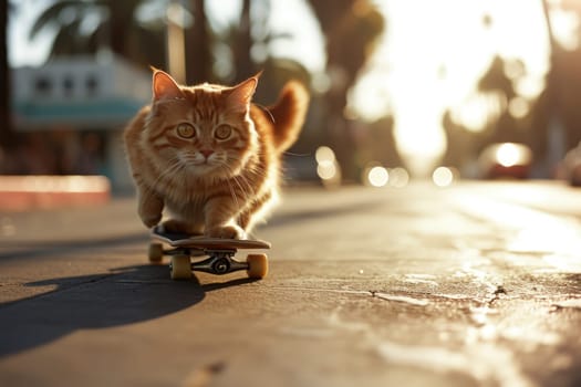 Skateboarding cat. Funny cat rides skateboard on the street in summer city.