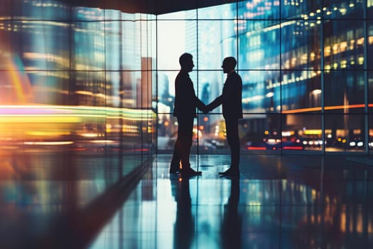 Handshake, Silhouettes of two businessmen shaking hands after the deal is done in office.