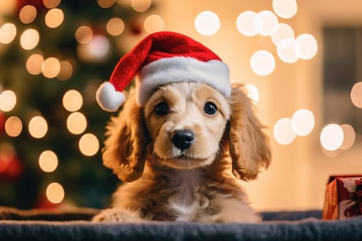 Portrait of cute dog, celebrating Christmas holidays wearing a red Santa Claus hat, AI Generative.