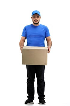 The deliveryman, in full height, on a white background.