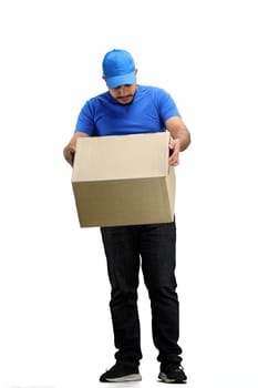 The deliveryman, in full height, on a white background.