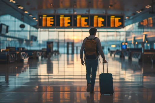 Traveling by airplane. Man walking with backpack and suitcase walking through airport terminal.