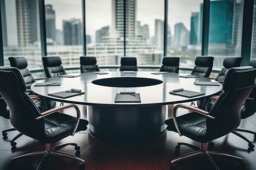 table meeting room desk sunlight and bokeh light at modern office room tower view background.