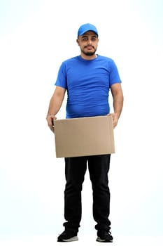 The deliveryman, in full height, on a white background.