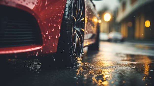 Car wet, A car in the rain the focus is on the tires, Close-up of car tires on wet, AI Generative.