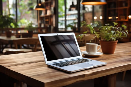 A closed laptop on a wooden desk in modern coffee cafe.