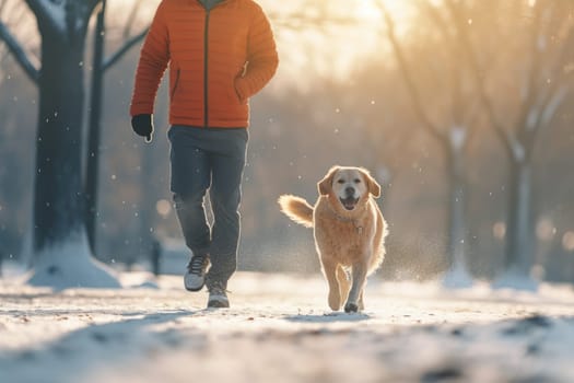 The photoshoot of a happy dog runs with its owner in the park, AI Generative.