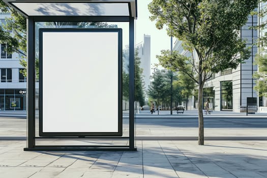 Large empty commercial banner mounted on urban bus stop. Generative AI.