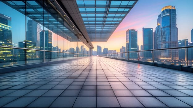 Empty square floor and pedestrian bridge with modern buildings at dusk. Generative AI.