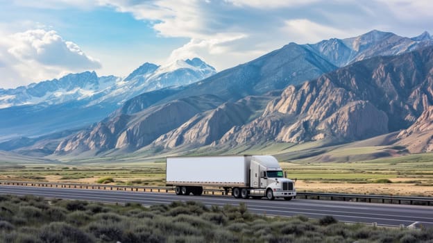 A white cargo truck with a white blank empty trailer for ad on a highway road. Generative AI.