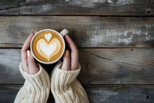 Top view on wood table, Close-up of a woman's hands holding a latte heart. Generative AI.