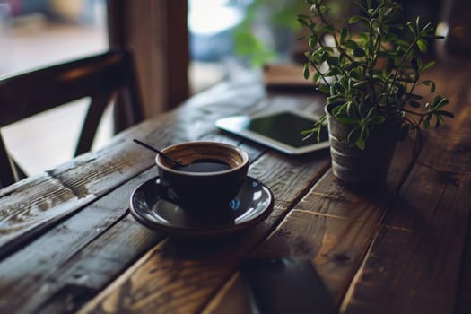 Empty tablet with a cup of coffee on wood work desk, soft focus vintage color tone.