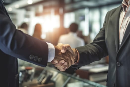 Photo of Businessman shaking hands in workroom.