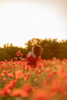 Woman poppy field red dress. Happy woman in a long red dress in a beautiful large poppy field. Blond stands with her back posing on a large field of red poppies.