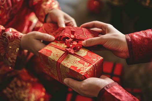 Chinese new year celebration, Cropped shot of hand receiving red envelopes from their parent.