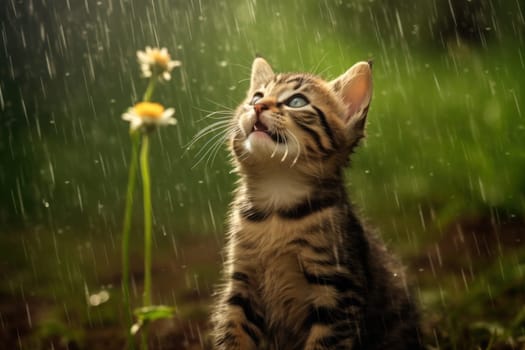 A kitten with floppy ears trying to catch the raindrops with its tongue.