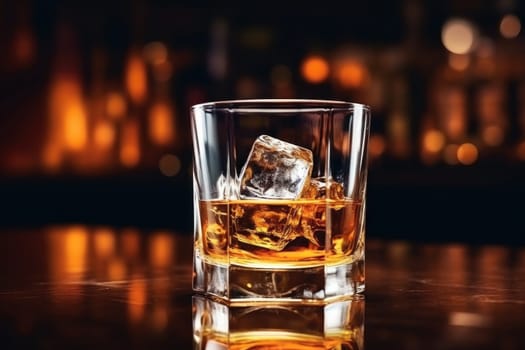 Close up photograph of glass of whiskey.