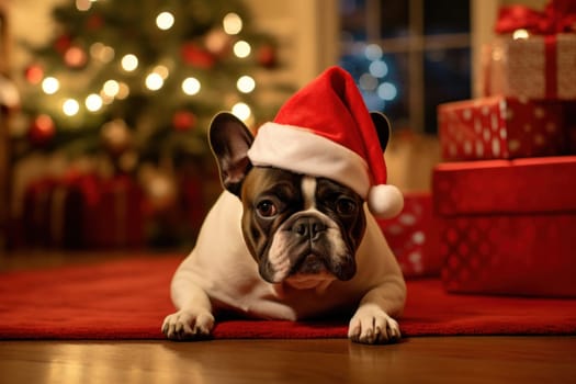 Portrait of cute dog, celebrating Christmas holidays wearing a red Santa Claus hat, AI Generative.