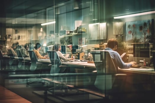 Blurred office interior space background with people working and meeting on desk, Business concept..